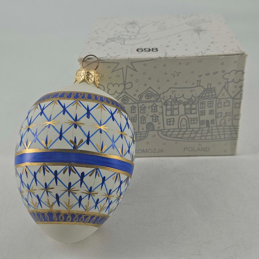 Vintage KOMOZJA Poland blown glass blue gold ornate egg Christmas Ornament